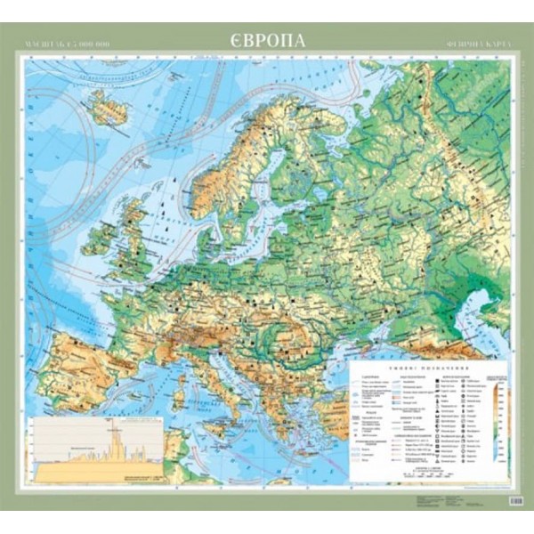Європа. Фізична карта ламінована, М 1:5 000 000 (на картоні, на планках)